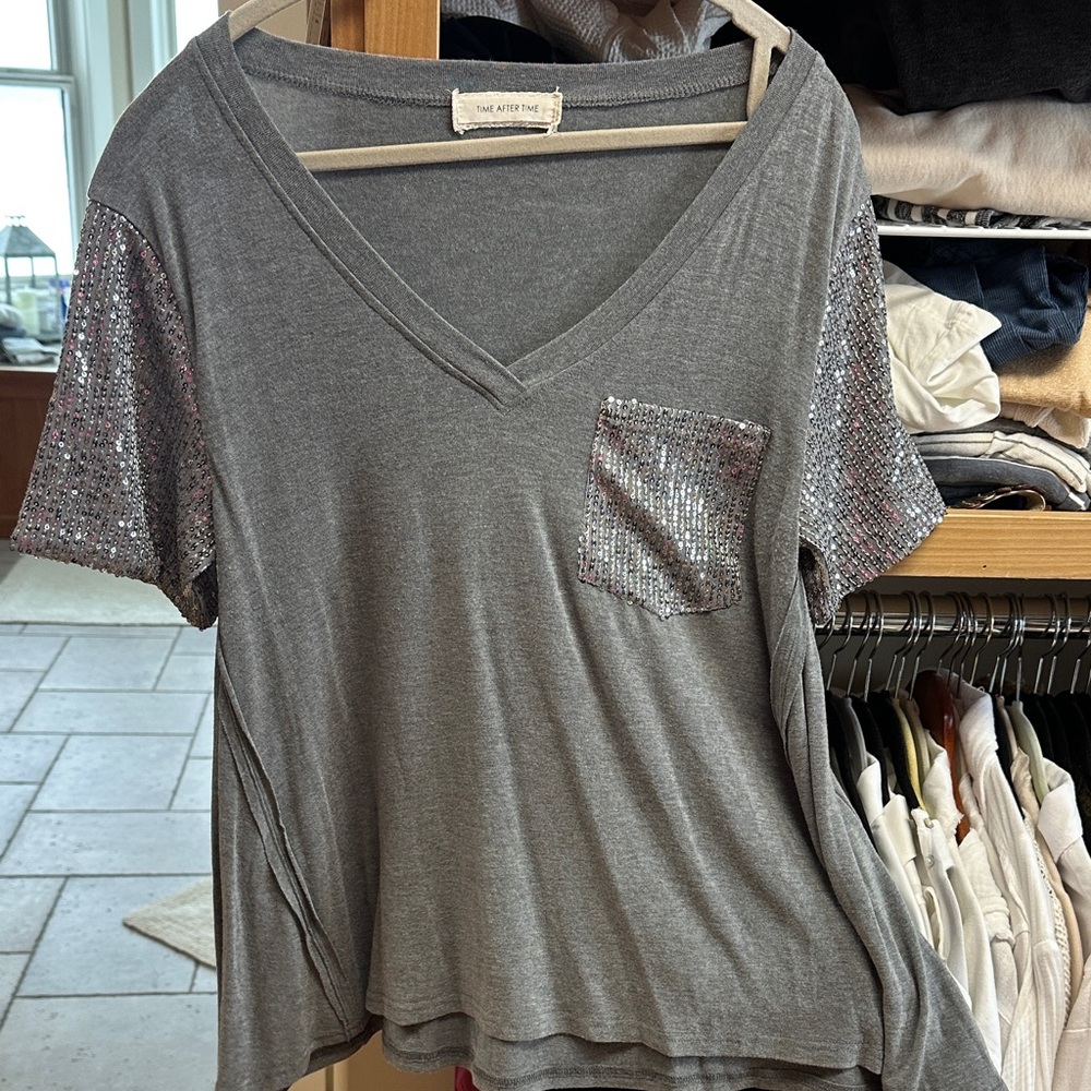 Avenue Gray V-Neck Top with Sequin Accents